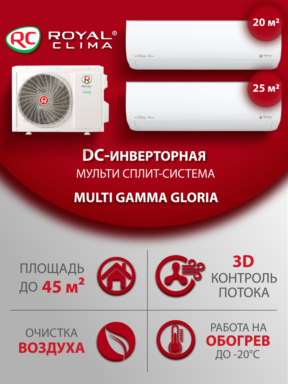 Мульти сплит-система на 2 комнаты Royal Clima GLORIA RCI-GLD07HN/GLD09HN/2TFM-17HN/OUT