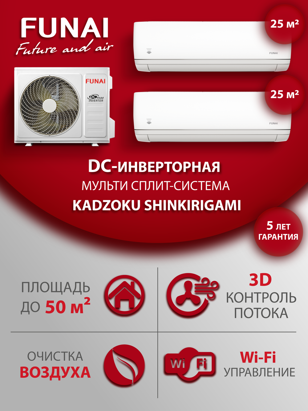 Мульти сплит-система на 2 комнаты Funai KADZOKU SHINKIRIGAMI RAM-I-KD30HP/KD30HP/RAM-I-2SKG50HP.02/U